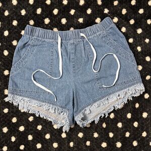 Denim Frayed Hem Women Drawstring Shorts